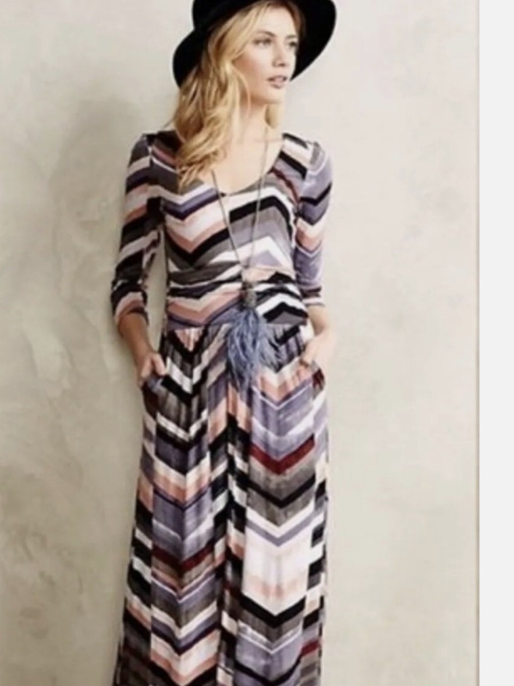 Anthropologie Maeve Novella Chevron Jersey Maxi Dress Pockets 3/4 Sleeves Sz sm